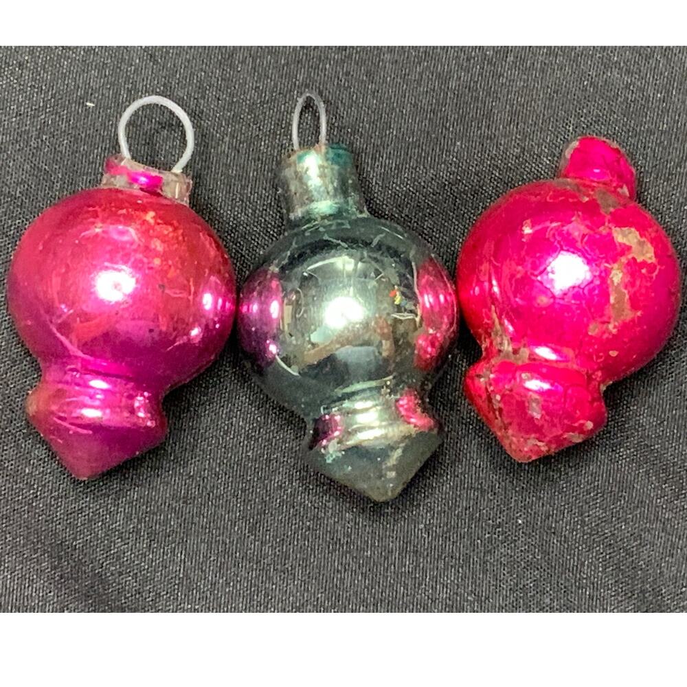 Vintage Glass Christmas Ornaments Lot 3 Double Finial Pink Silver Antique